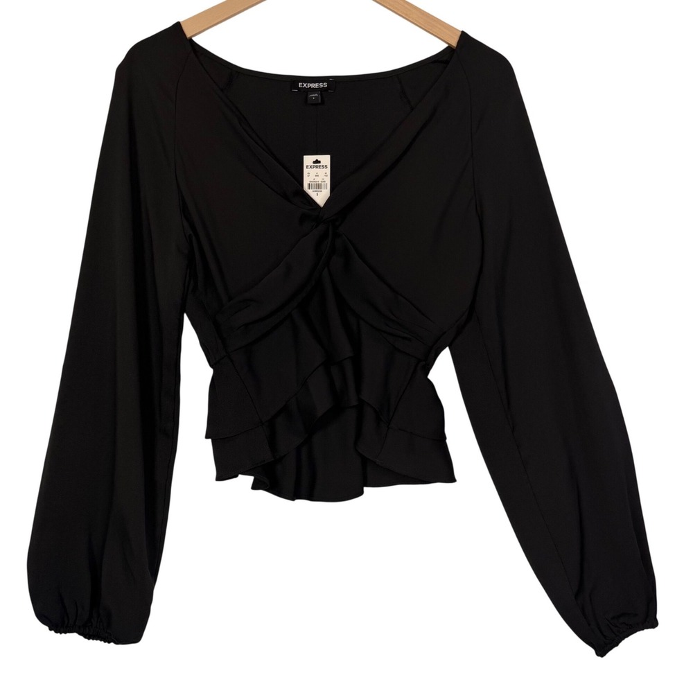 Express Womens Small Black Solid Blouse Twist Front Ruffle Hem Balloon Sleeve
